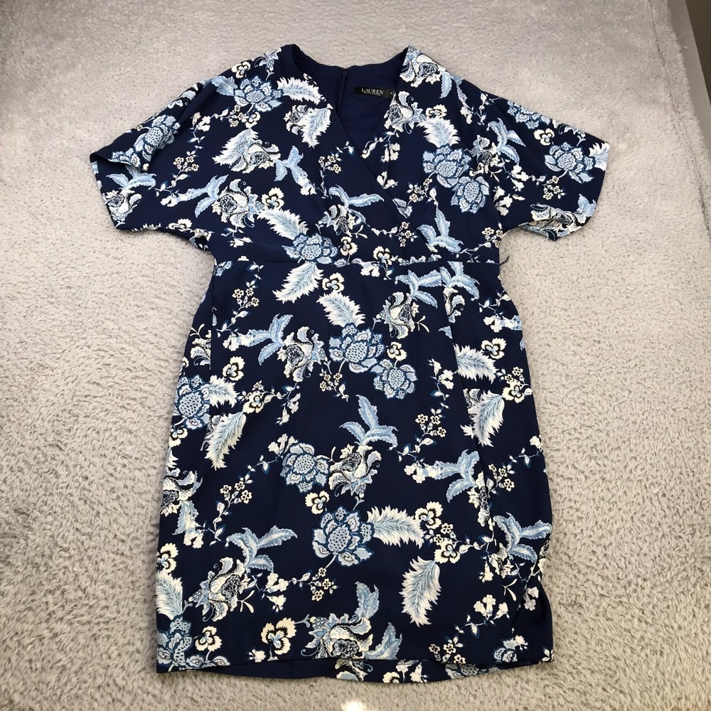 LRL Ralph Lauren Dress Womens 12 Navy Floral Surplice Short Sleeve NEW NWT